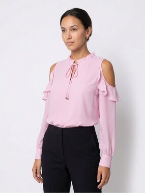 Calvin Klein Pink Cold-Shoulder Ruffle Tie-Neck Blouse